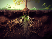 roots underneath the soil and three