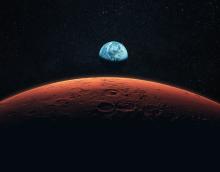Mars, the red planet with detailed surface features and craters in deep space. Blue Earth planet in outer space.