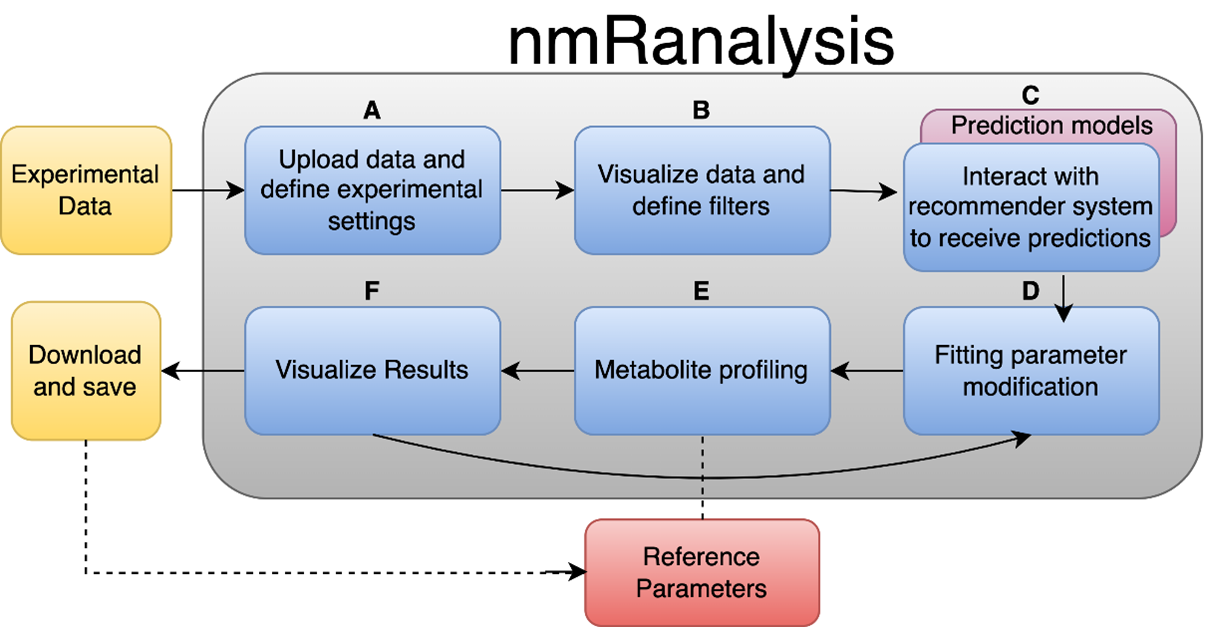 Flowchart of nmRanalysis process, featuring steps like uploading data, visualizing, and interacting with predictive models, plus options to download and modify fitting parameters, connected by directional arrows.