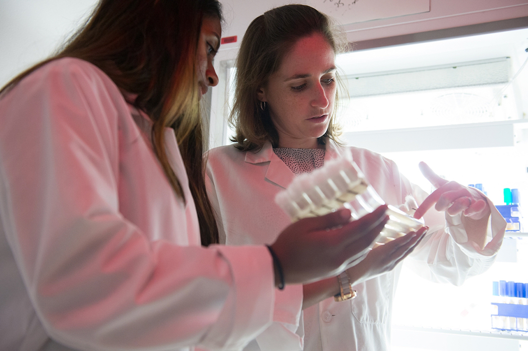 Photo of student Anusri Kadakuntla and researcher Jennifer Hurley looking at race tubes in a laboratory.