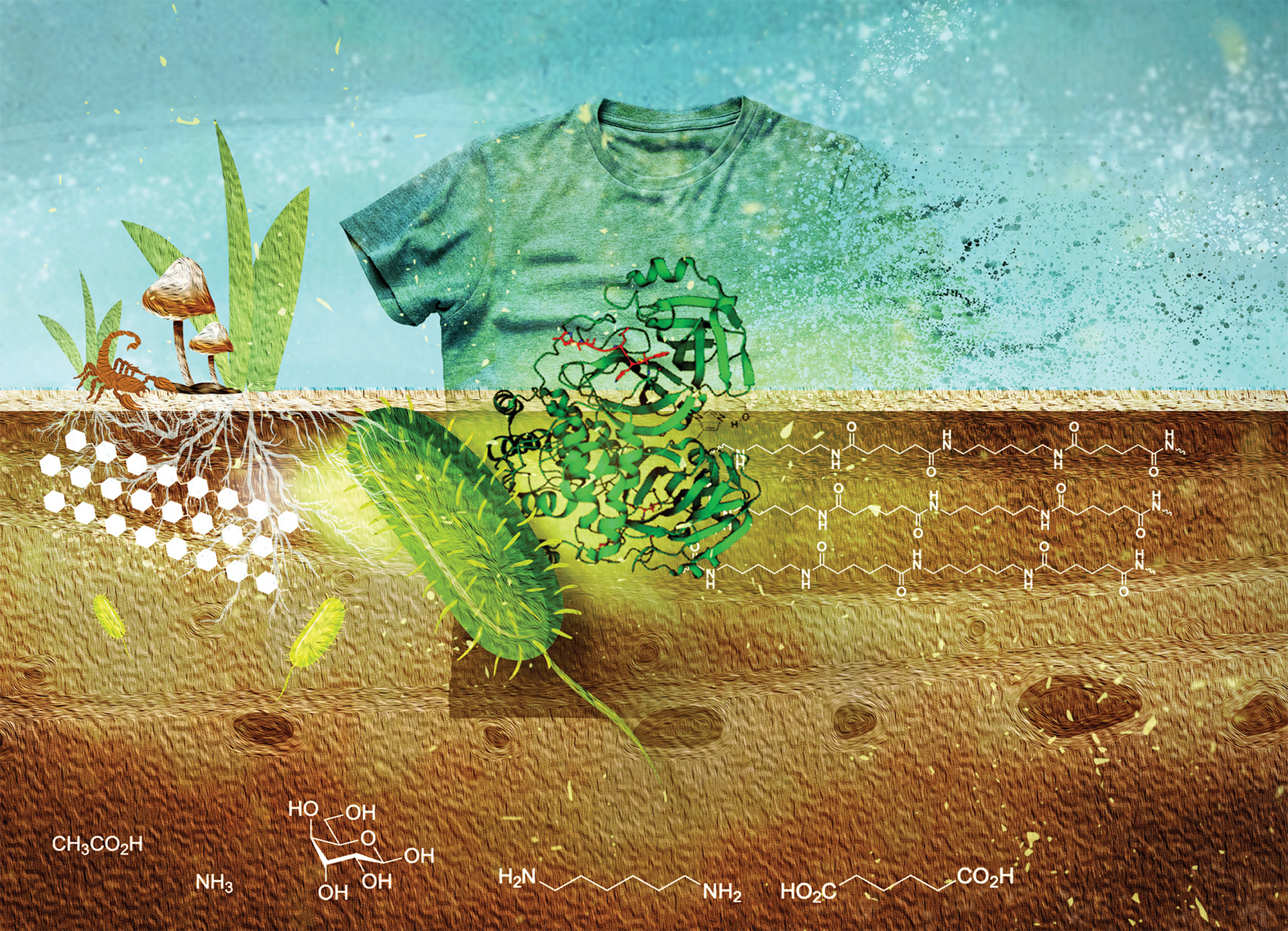 Illustration featuring a shirt, protein strands, microbes, mushrooms, plants, a scorpion, and the molecular bonds of elements.