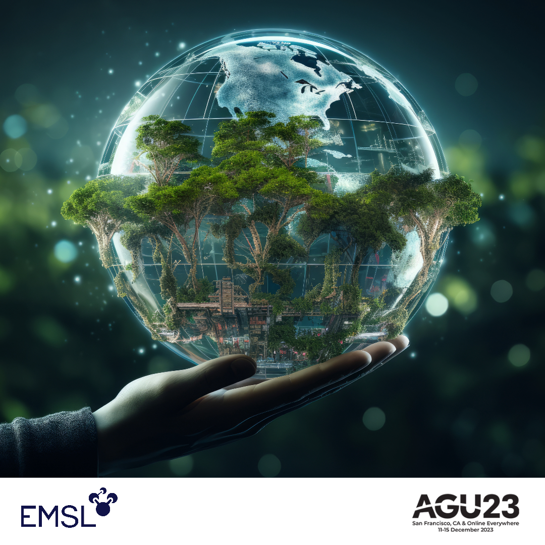 Earth being held up by hand. EMSL logo. AGU logo