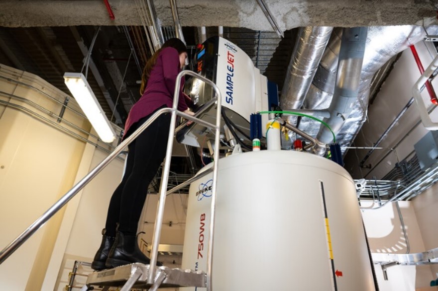 woman stands on stairs near a nuclear magnetic resonance instrument