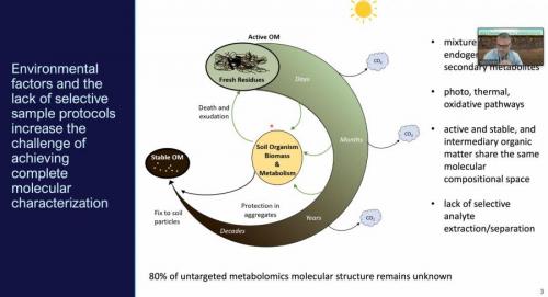 Image of a presentation slide showing how active organic matter decays over time into stable organic matter.