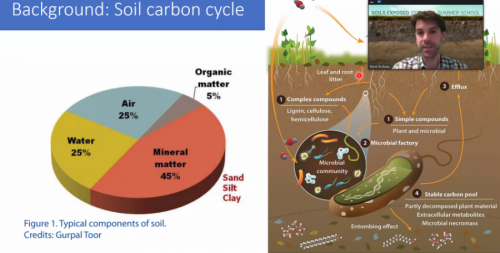 Image of a presentation slide. On the left side, a pie chart shows the amount of water (25%), air (25%), mineral matter (45%), and organic matter (5%) in soil organic matter. On the right side, an illustration demonstrates the soil carbon cycle.