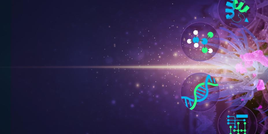 icons of molecules and atoms on purple background