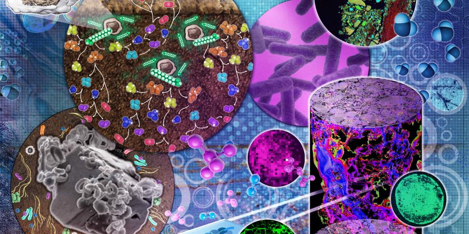 Colorful and detailed scientific collage highlighting various microscopic and molecular structures, including cells, bacteria, and molecular models.