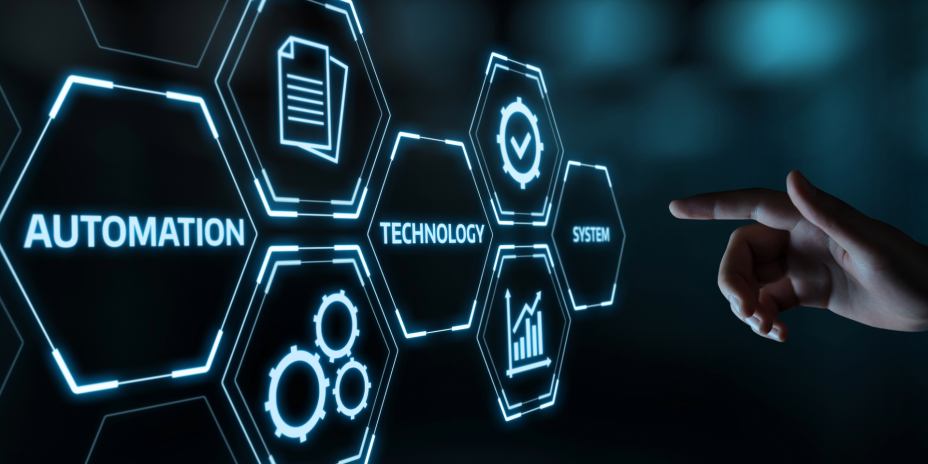 hexagons representing different phases of automation. Text reads automation. A hand points to one of the hexagons.
