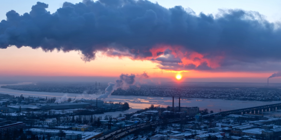 city view at sunset with industrial buildings