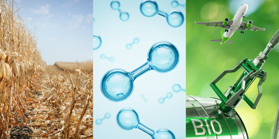 A corn field with remnants after harvest, hydrogen molecules, and a biofuels tank with an airplane flying overhead.