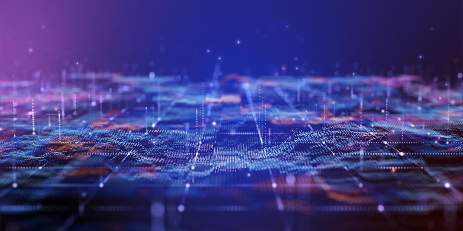 Illustration of waves of dots floating above a computer circuit board.