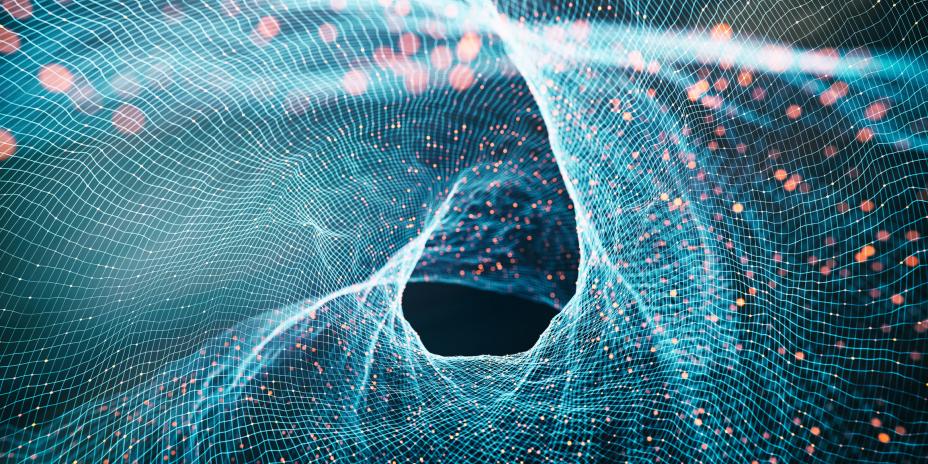 Abstract graphic displaying a complex digital network converging into a tunnell