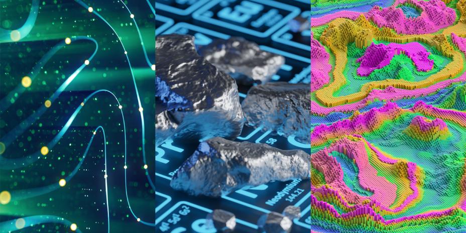 Side-by-side composite image. At left, an abstract digital background featuring flowing lines with glowing particles. In the middle, metallic chunks sitting atop a glowing periodic table. And at right, a landscape of abstract colorful cubes.