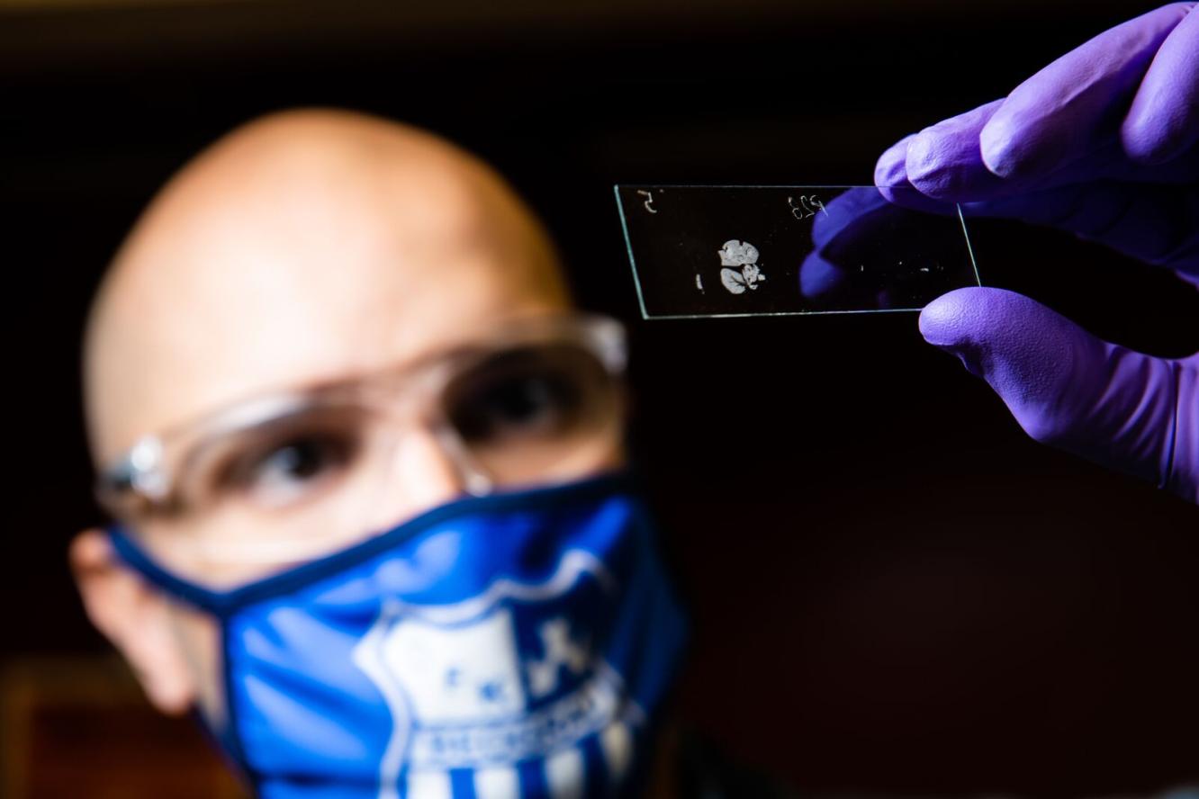 EMSL scientist Dušan Veličković holds a slide.