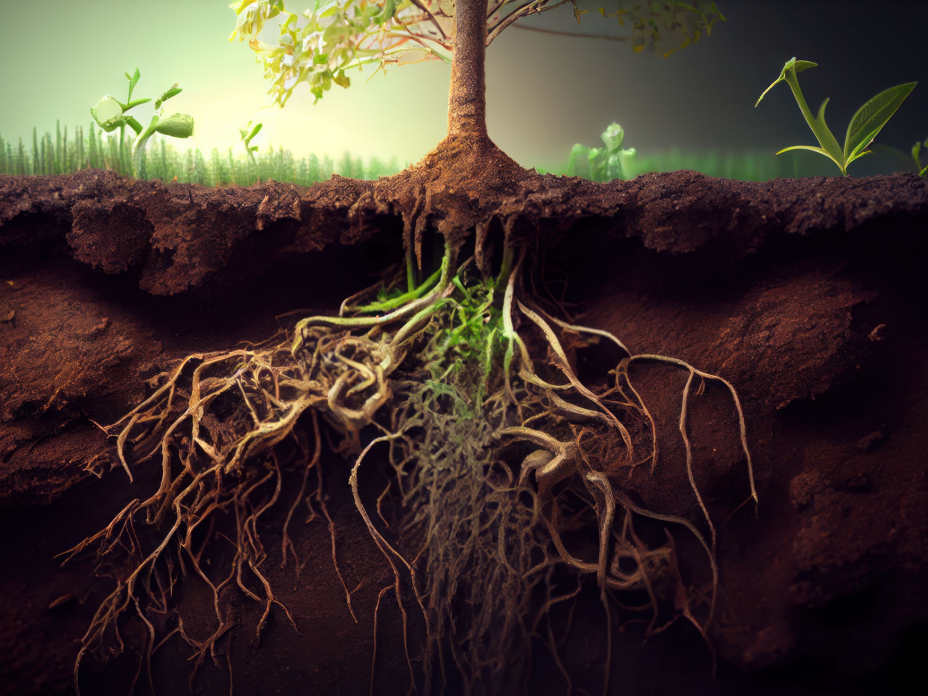 roots underneath the soil and three