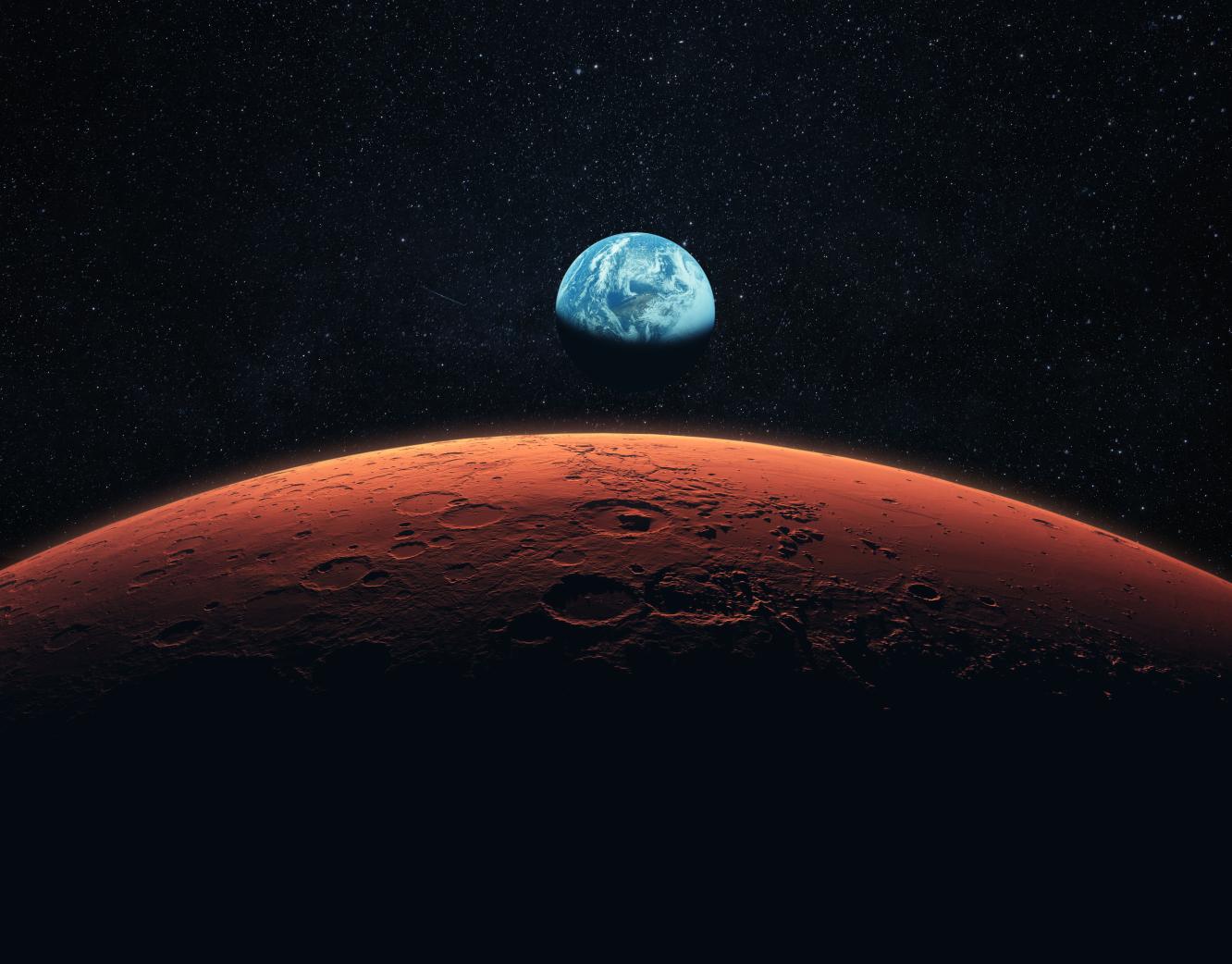 Mars, the red planet with detailed surface features and craters in deep space. Blue Earth planet in outer space.