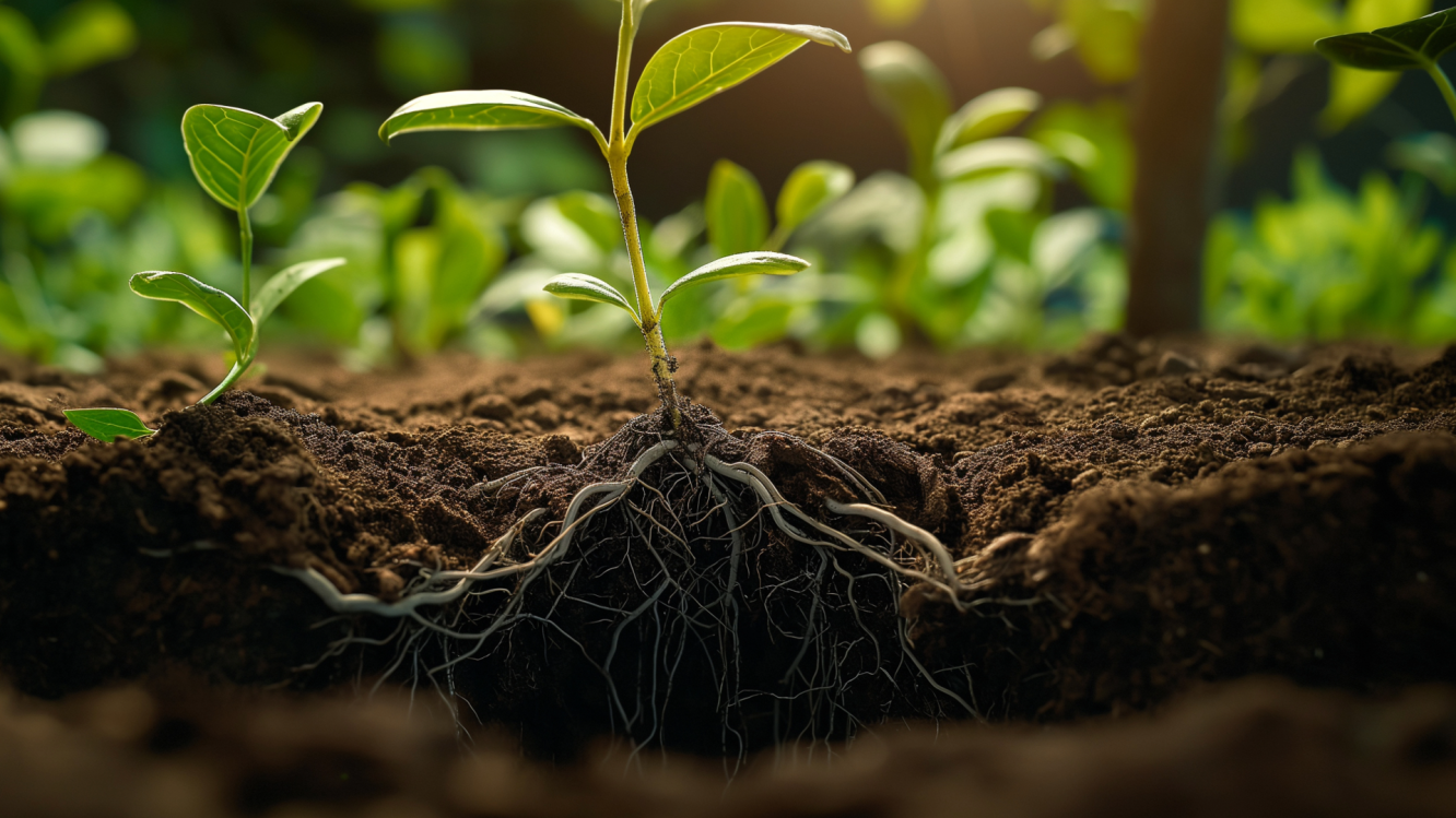 soil, roots, and plant leaves