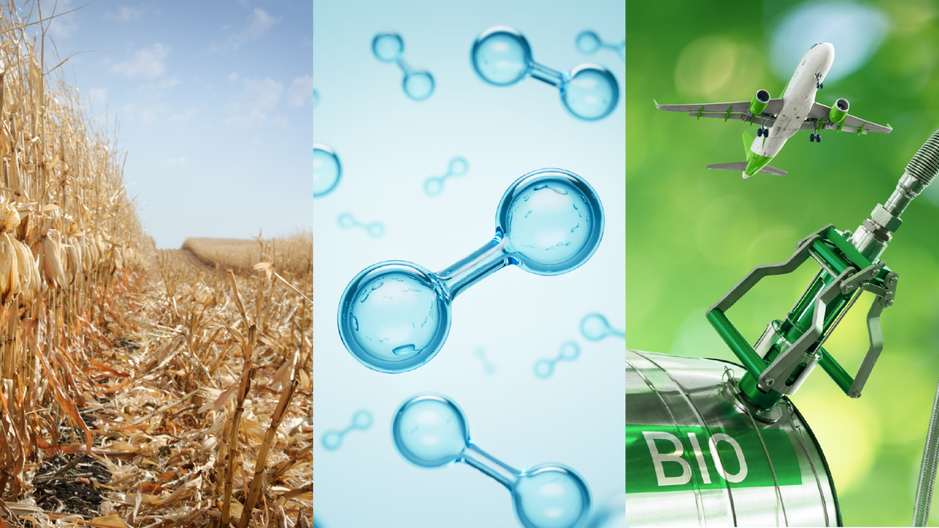 A corn field with remnants after harvest, hydrogen molecules, and a biofuels tank with an airplane flying overhead.