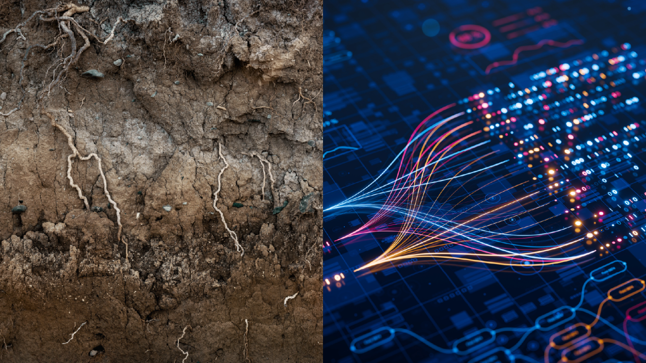 soil on the left and a graphic interpretation of data moving through a circuit.