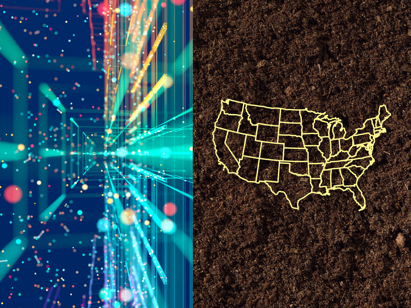An image split into two sections: on the left, a vibrant digital representation of data connections with glowing lines and dots; on the right, an outline of the United States map glowing yellow against a dark textured background.