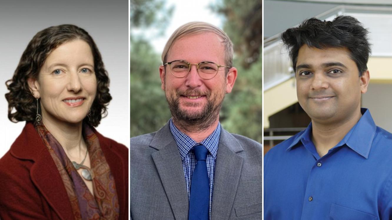 Triptych image containing side-by-side headshots of researchers Helen Causton, Buck Hanson, and Ganesh Sriram.