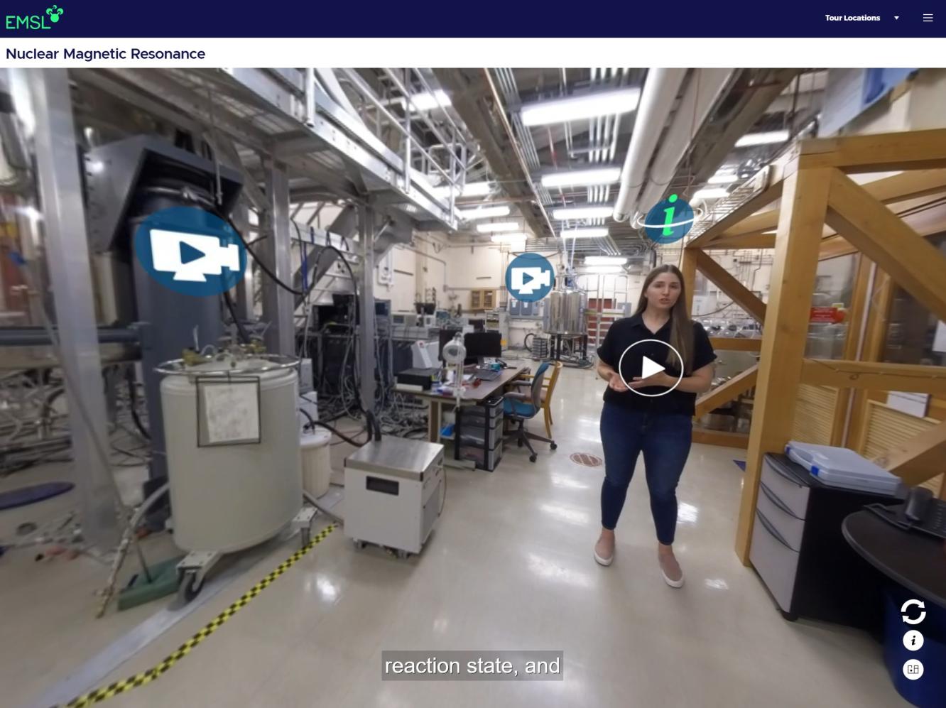Screenshot from the EMSL virtual tour featuring chemist Liz Eder standing amidst nuclear magnetic resonance laboratory equipment.