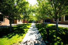 exterior of the Environmental Molecular Sciences Laboratory flanked by several trees and a concrete walkway in between.