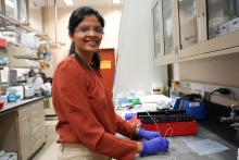 Aishwarya Santosh Deshpande, a postdoctoral researcher in the Environmental Transformations and Interactions science area at the Environmental Molecular Sciences Laboratory, sits at a work station in a laboratory at EMSL.