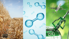 A corn field with remnants after harvest, hydrogen molecules, and a biofuels tank with an airplane flying overhead.