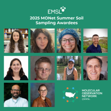 EMSL logo, 2025 MONet Summer Soil Sampling Awardees, A grid of 10 photos of people; Molecular Observation Network @EMSL with outline of the United States surrounded by different colored circles