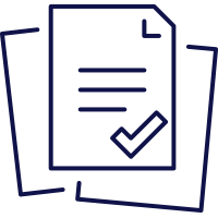 Outline of three documents stacked on top of each other. The top document has a check mark and lines indicating text.
