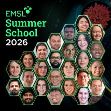Graphic featuring the EMSL logo, the words 2026 Summer School, and headshots of 25 researchers atop an abstract background.