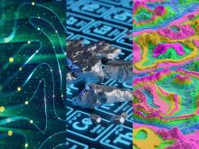 Side-by-side composite image. At left, an abstract digital background featuring flowing lines with glowing particles. In the middle, metallic chunks sitting atop a glowing periodic table. And at right, a landscape of abstract colorful cubes.